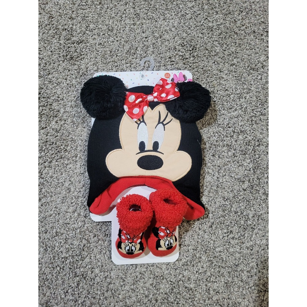 Minnie Mouse Disney 2 Pc Set Winter Baby Hat & Bootie Sock Size 0 - 12 Months
